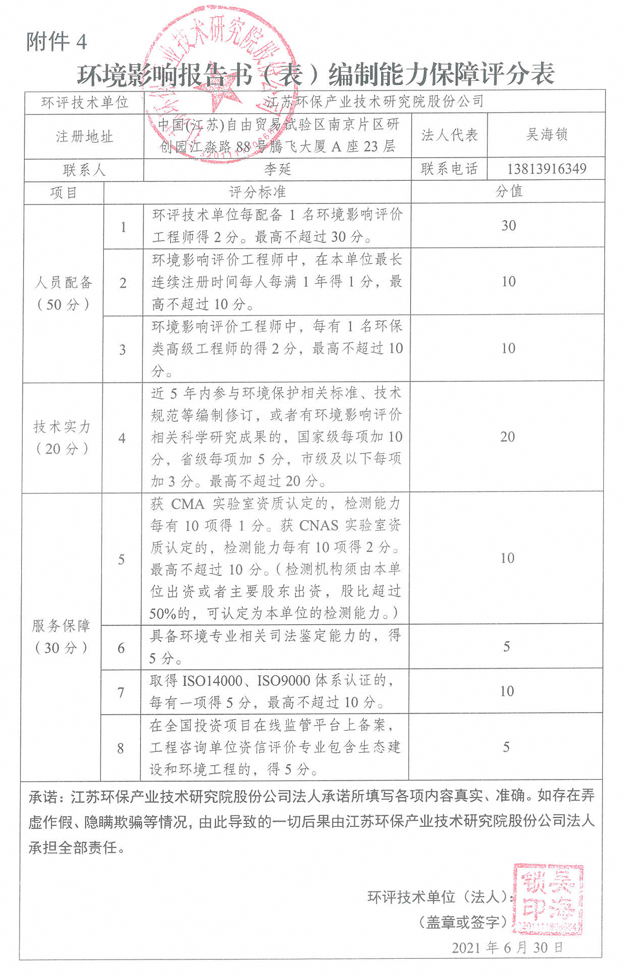 江蘇環(huán)保產(chǎn)業(yè)技術(shù)研究院股份公司環(huán)境影響報(bào)告書(shū)（表）編制能力保障評(píng)分表公示